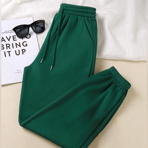 🟪 Solid Drawstring Forest Green Waist Thermal Lined Sweatpants - Picture 1 of 7